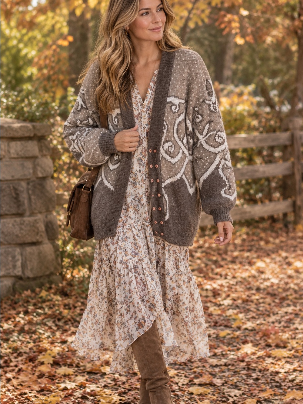 Vintage Chunky Taupe Patterned Cardigan Sweater - Women